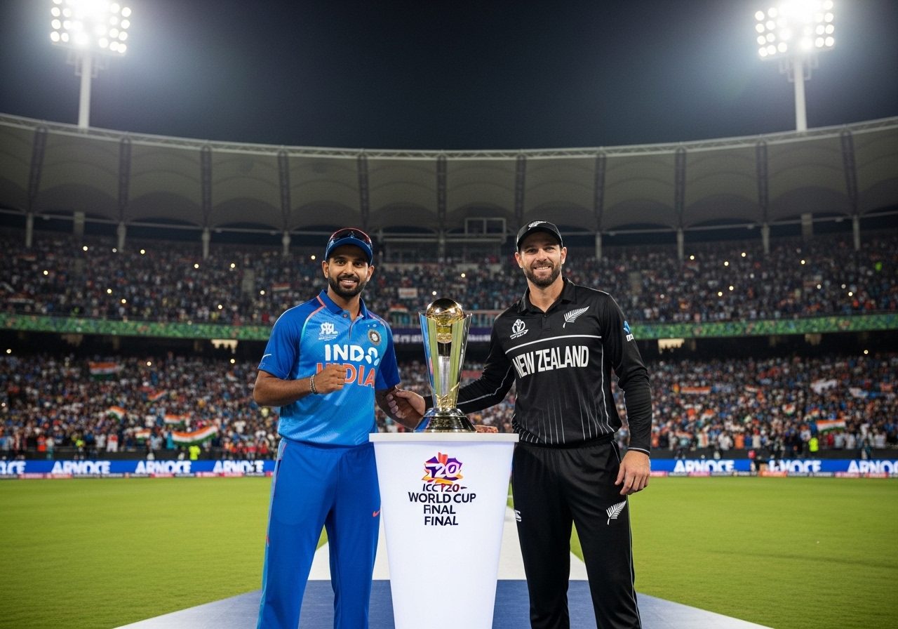India and New Zealand captains standing with T20 World Cup trophy before final